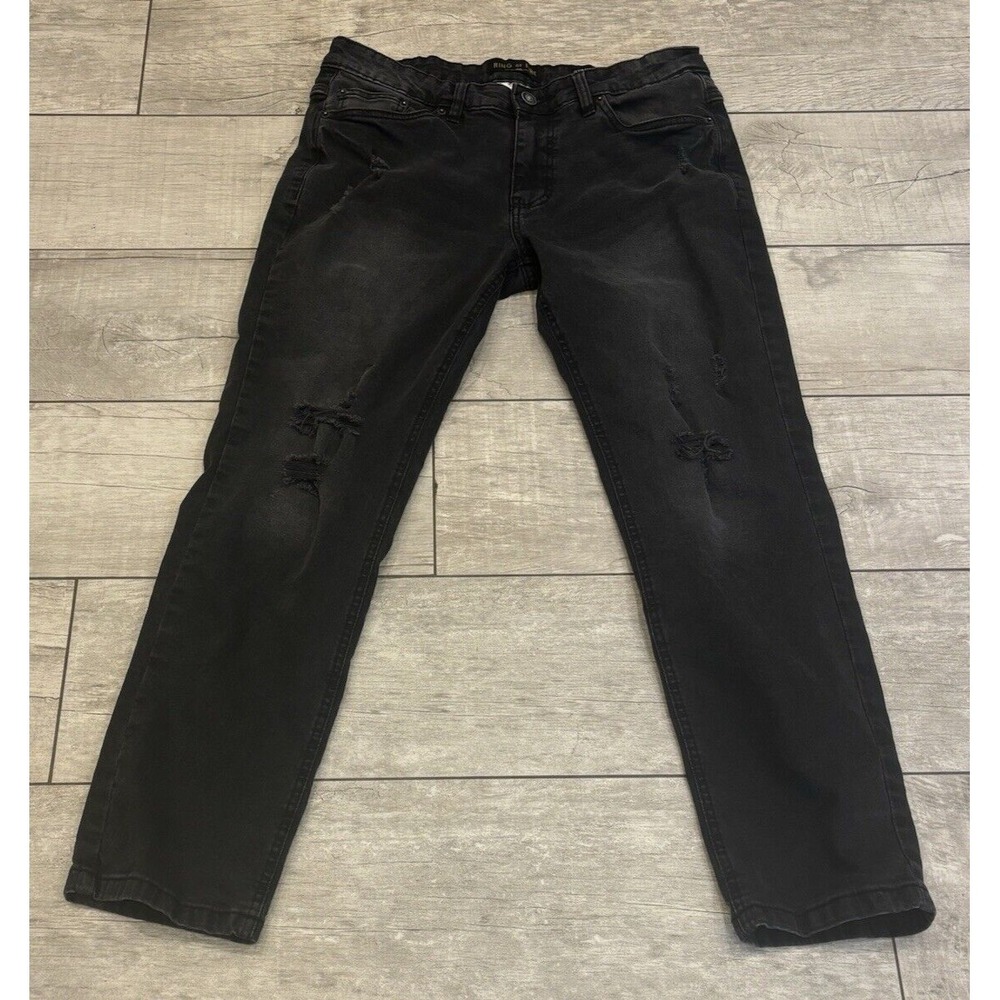Ring of Fire Mens‎ Black Distressed Straight Stretch Jeans 33x29 Mid Rise Grunge